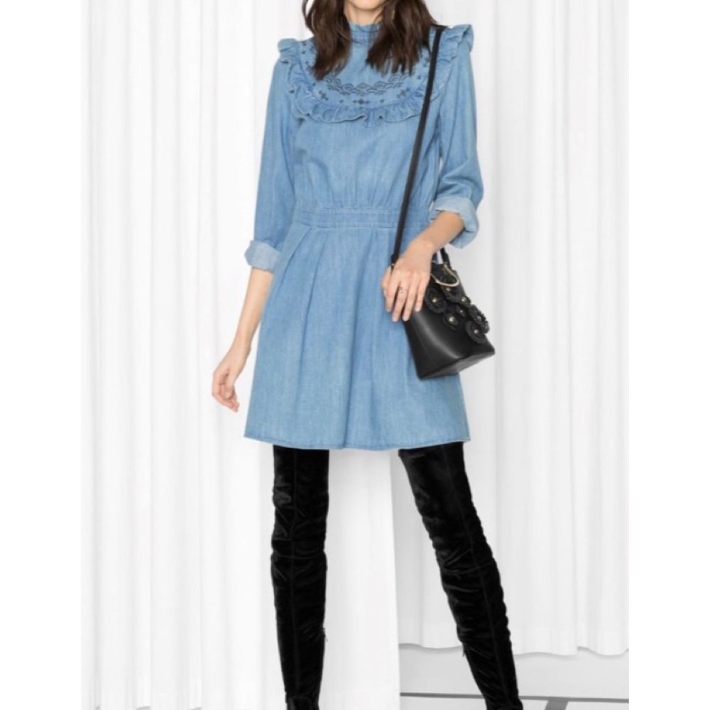 & Other Stories Paris Atelier Denim Embroidered Ruffled Mini Dress Size 6